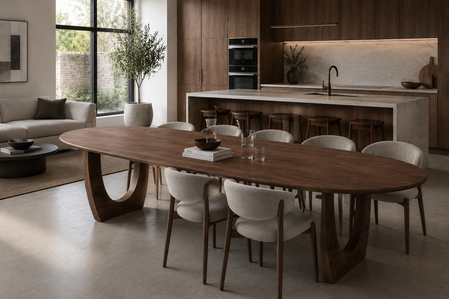 Half-oval bespoke dining table with Utah base in a contemporary interior