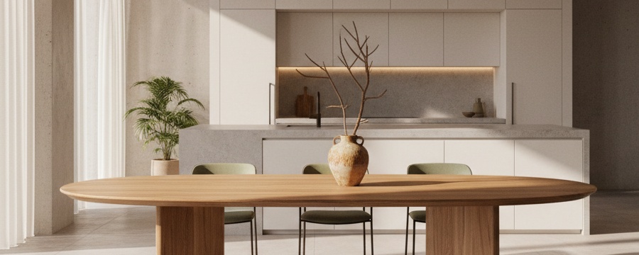 Solid oak dining table in a considered contemporary interior