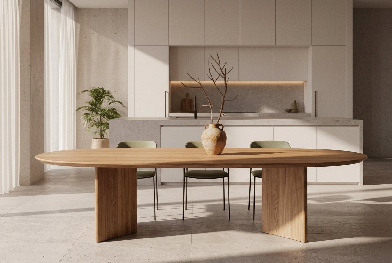 Solid oak dining table in a considered contemporary interior