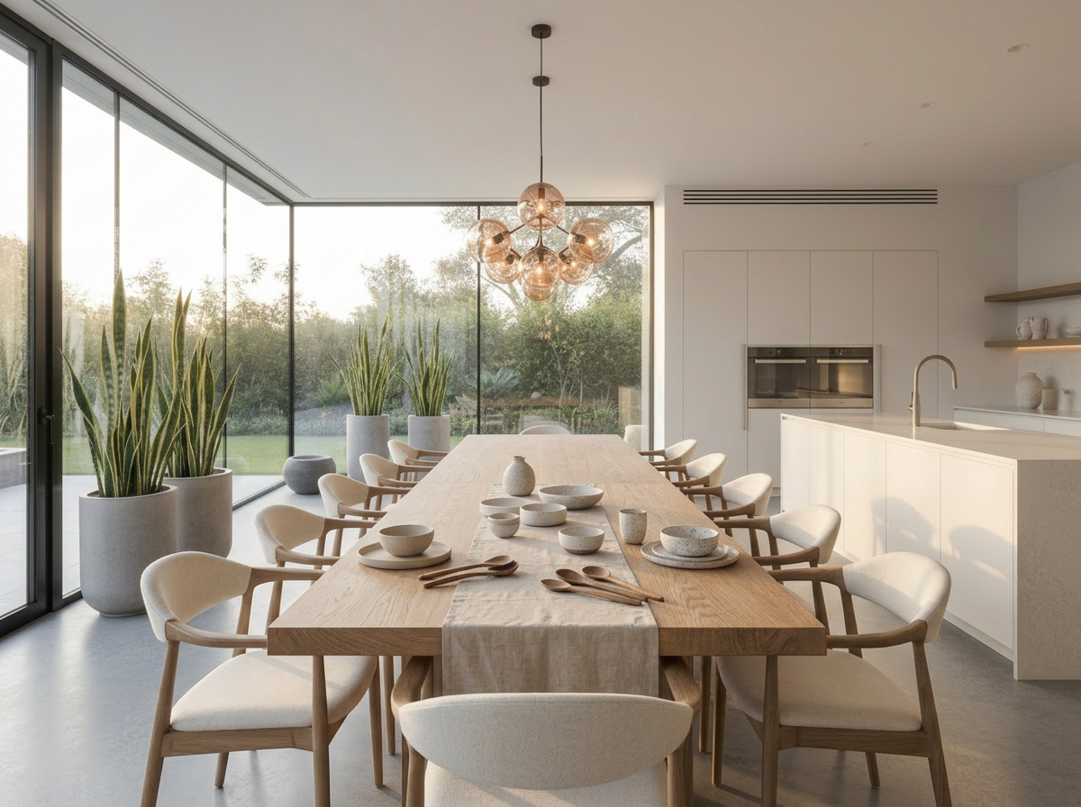 Portrait view of an architectural kitchen with an oak dining table